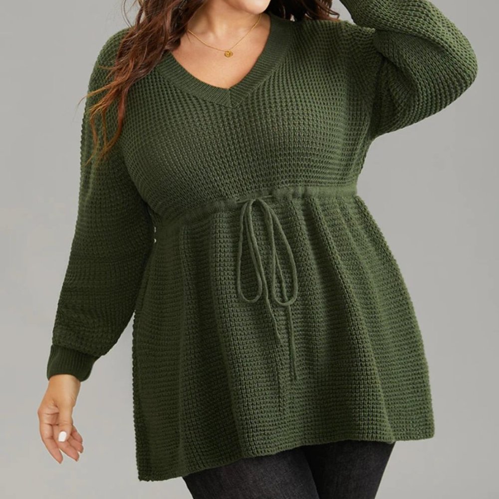 Solid Drawstring Curved Hem Knit Pullover